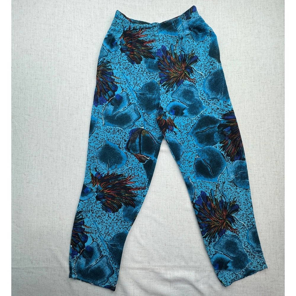 Bonnie Boynton Tapered Pants Womens Med Blue Abstract Floral Art to Wear 80s VTG